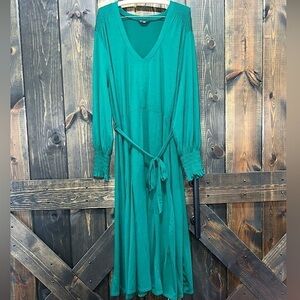 Old Navy Green Smocked Midi Dresss 3X Long Sleeve Tie Belt Forest Fairy Cottage